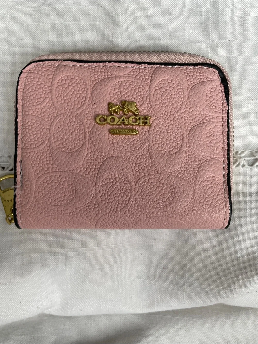 COACH Pink Embossed Signature Zip Around Wallet with Gold Logo EUC